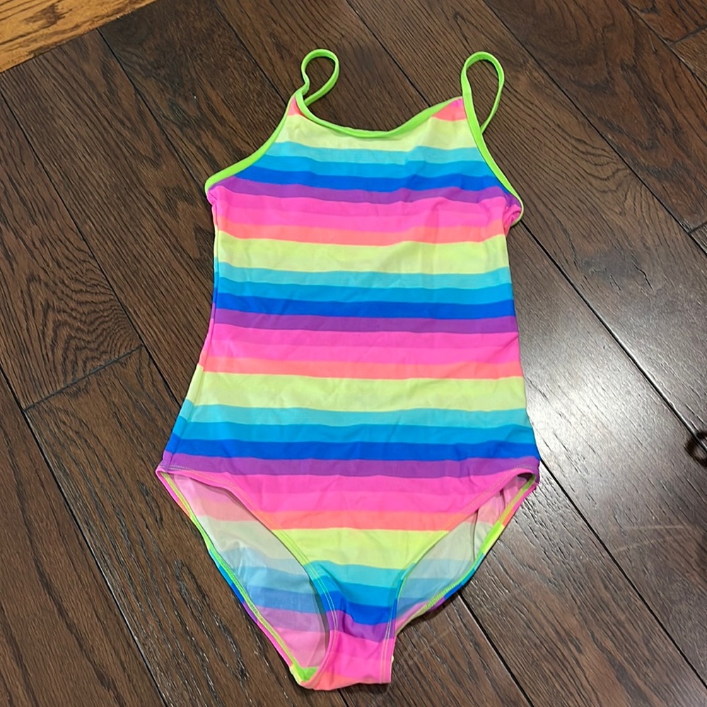 1989 place kids one-piece swimsuit. Multicolored striped. Size XL (14)